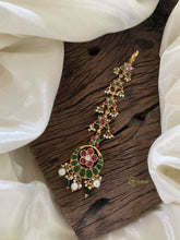 Precious Kundan Jadau Maang Tikka -Half Moon Floral-Green Bead and Pearls - J2032